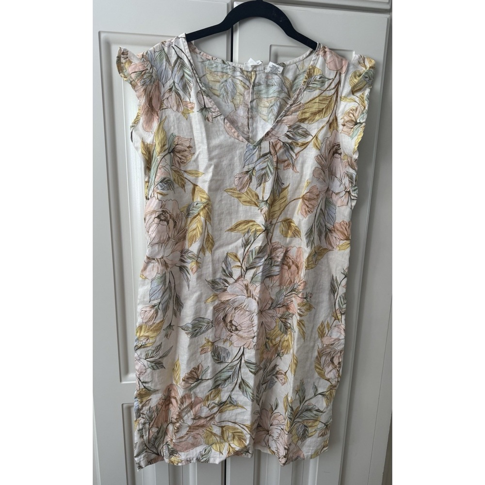 Nicole‎ Miller Linen Dress Womens Medium Beige Multi Floral Print Sleeveless